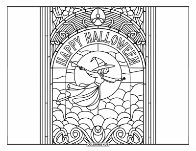 Coloriage « Joyeux Halloween » pour adultes : Un vitrail représente une sorcière en vol avec 