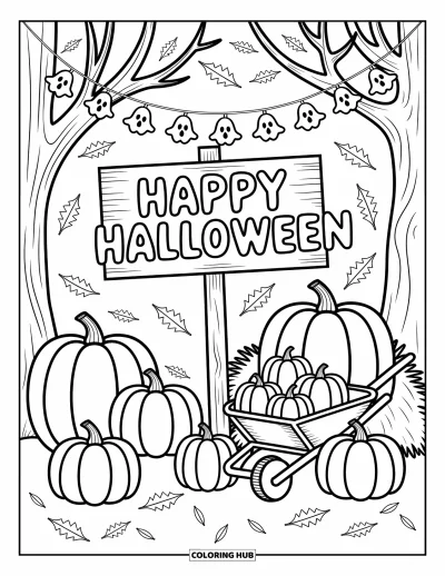 Coloriage « Joyeux Halloween » pour adultes : De petits fantômes et des bonbons pendent au-dessus de citrouilles près d'une botte de foin et d'une brouette