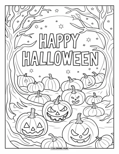 Coloriage « Joyeux Halloween » pour adultes : Des arbres tordus et des citrouilles lumineuses remplissent une paisible forêt d'Halloween au clair de lune