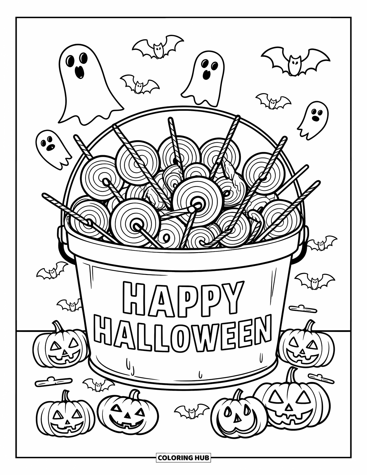 Happy Halloween Coloring Page for Kids: A big bucket of candy sits with ghosts, bats, and a Halloween sign