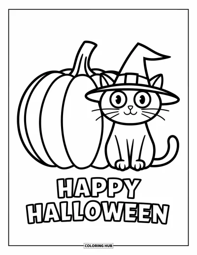 Coloriage « Joyeux Halloween » pour enfants : Un chat aux grands yeux coiffé d'un chapeau de sorcière est posé près d'une citrouille d'Halloween lumineuse