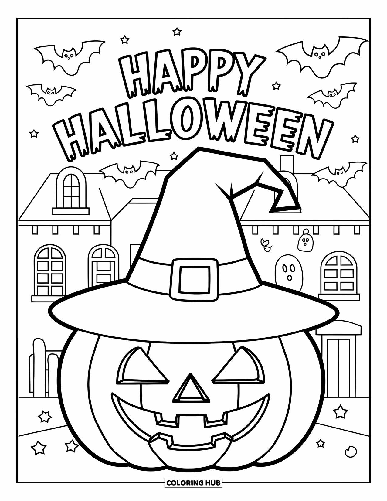 Happy Halloween Coloring Page for Kids: A big witch hat sits on a pumpkin near bats, ghosts, and a haunted house