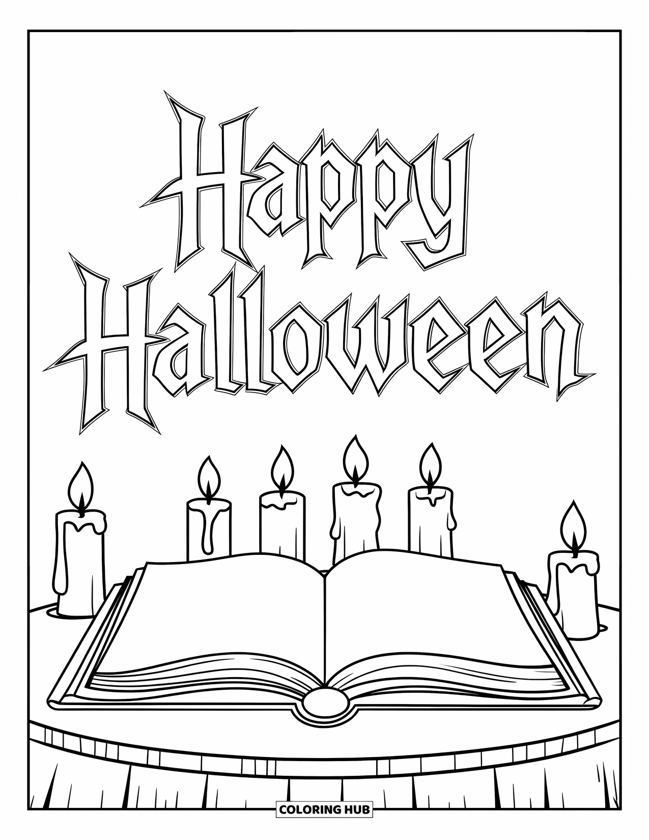 Happy Halloween Coloring Page for Kids: A bubbling spellbook and candles sit beneath gothic "Happy Halloween" text