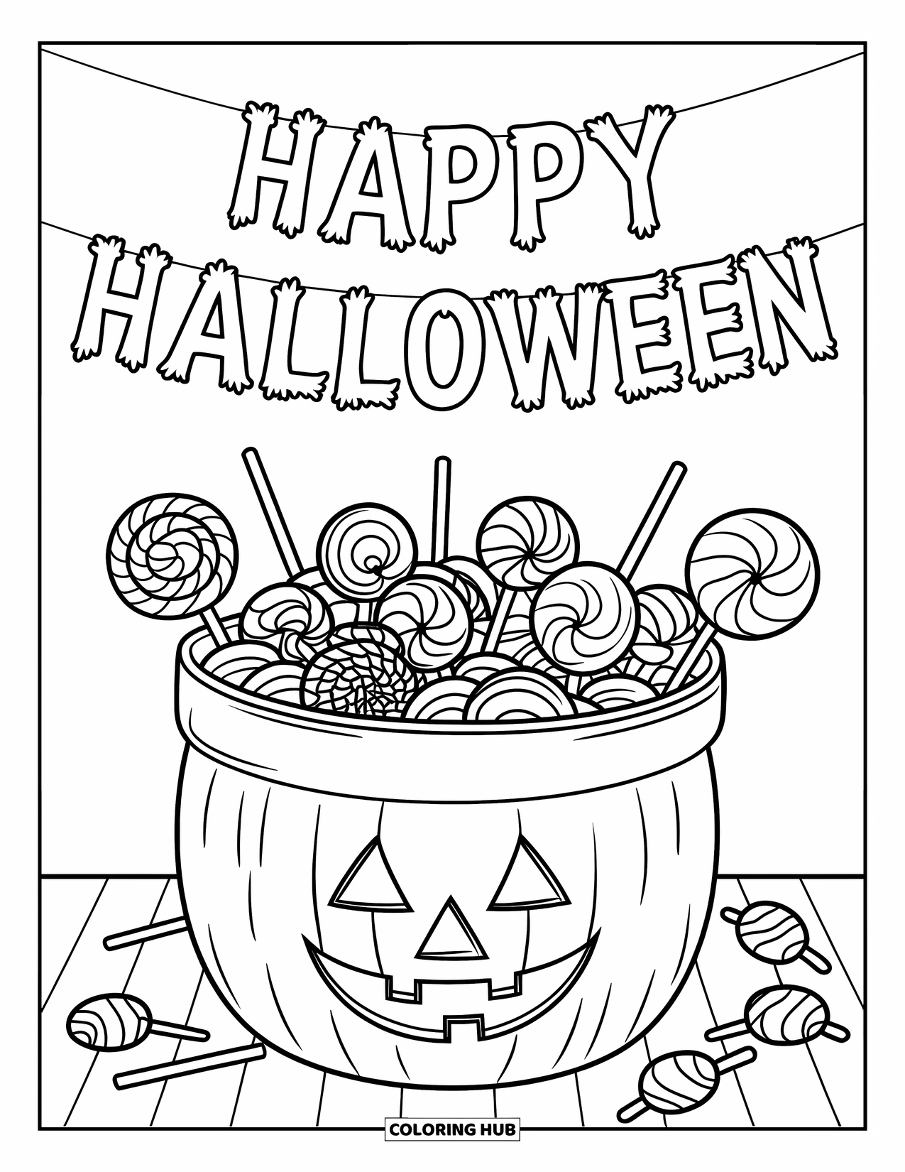 Happy Halloween Coloring Page for Kids: A candy bucket overflows with lollipops below a fun Halloween banner