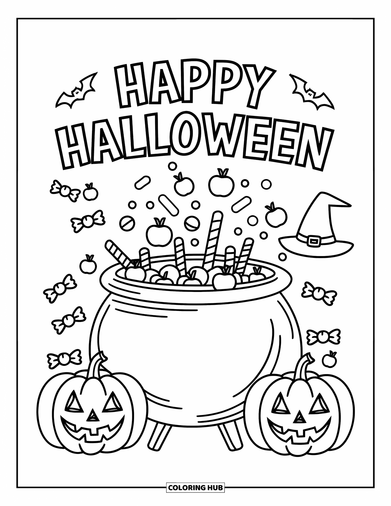 Happy Halloween Coloring Page for Kids: A candy-filled cauldron sits near pumpkins and a witch hat under a Halloween banner