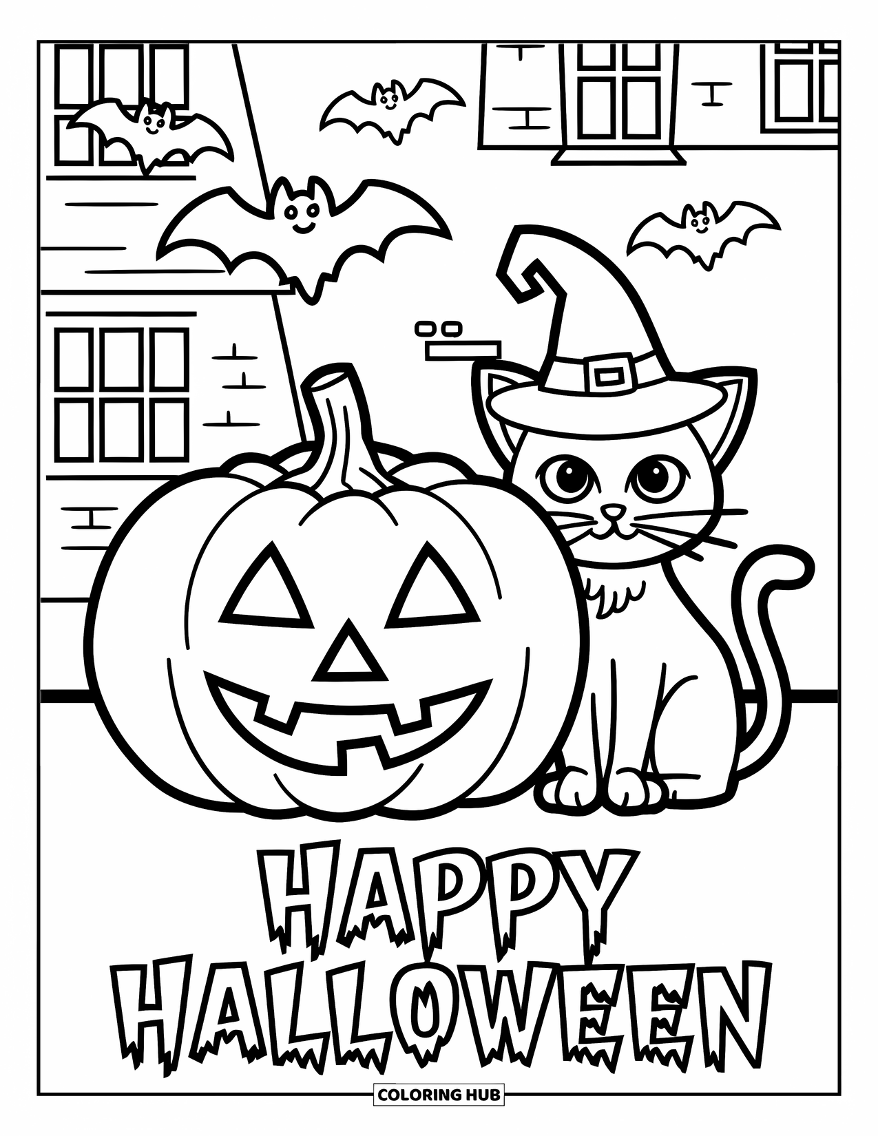 Happy Halloween Coloring Page for Kids: A cat in a witch hat sits beside a smiling pumpkin and bats fly above