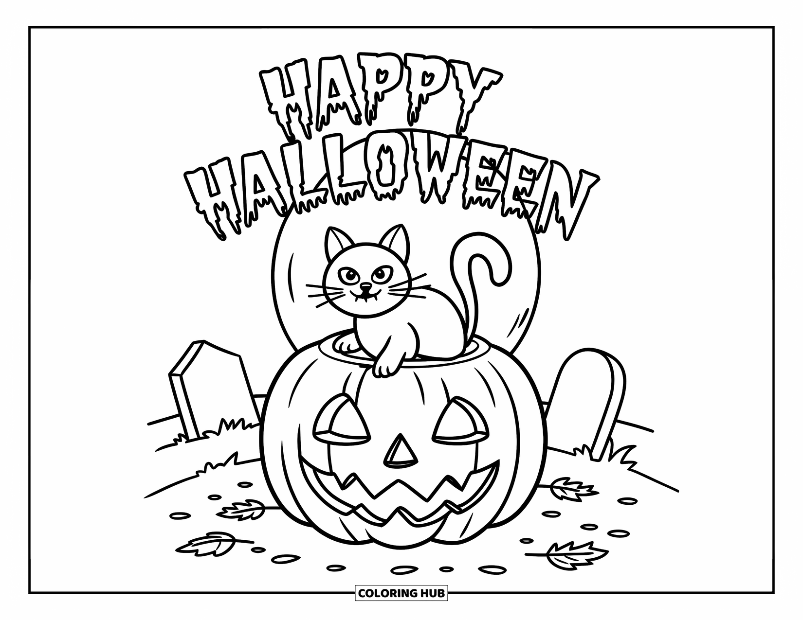 Happy Halloween Coloring Page for Kids: A cat rests on a pumpkin with a spooky face, surrounded by tombstones and leaves