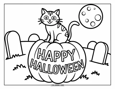 Coloriage « Joyeux Halloween » pour enfants : Un chat est assis sur une citrouille sculptée dans un cimetière sous la pleine lune d'Halloween