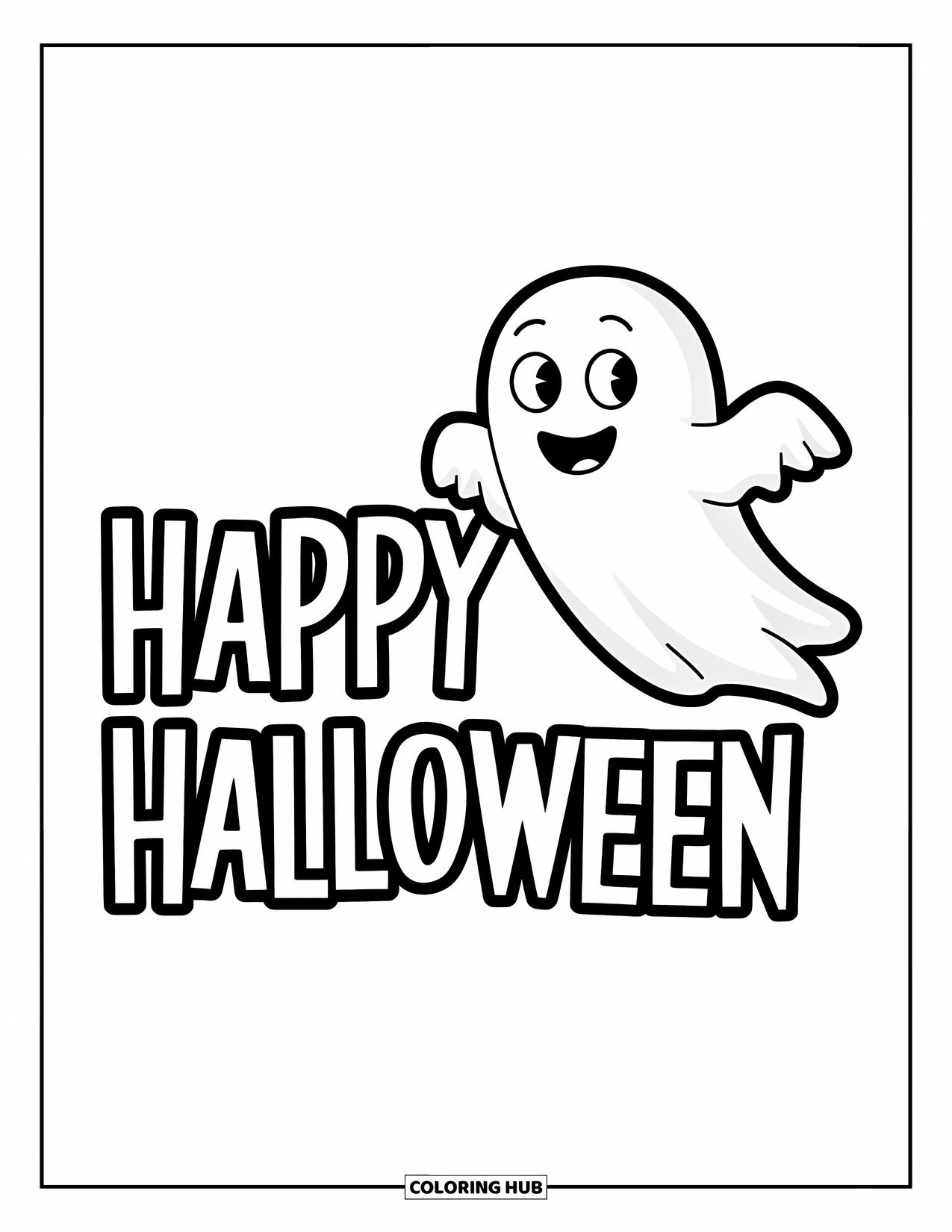 Happy Halloween Coloring Page for Kids: A cheerful ghost floats by a bold "Happy Halloween" in spooky font