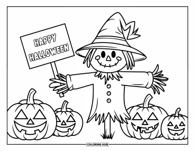 Coloriage « Joyeux Halloween » pour enfants : Un épouvantail joyeux fait signe depuis un champ de citrouilles aux visages d'Halloween