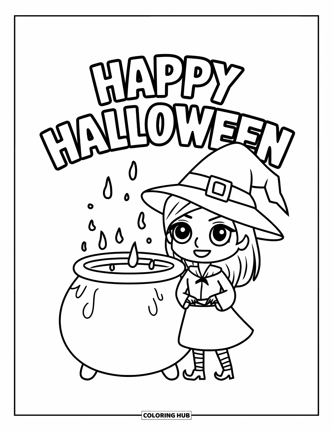 Happy Halloween Coloring Page for Kids: A chibi witch stirs her bubbling cauldron with a "Happy Halloween" above