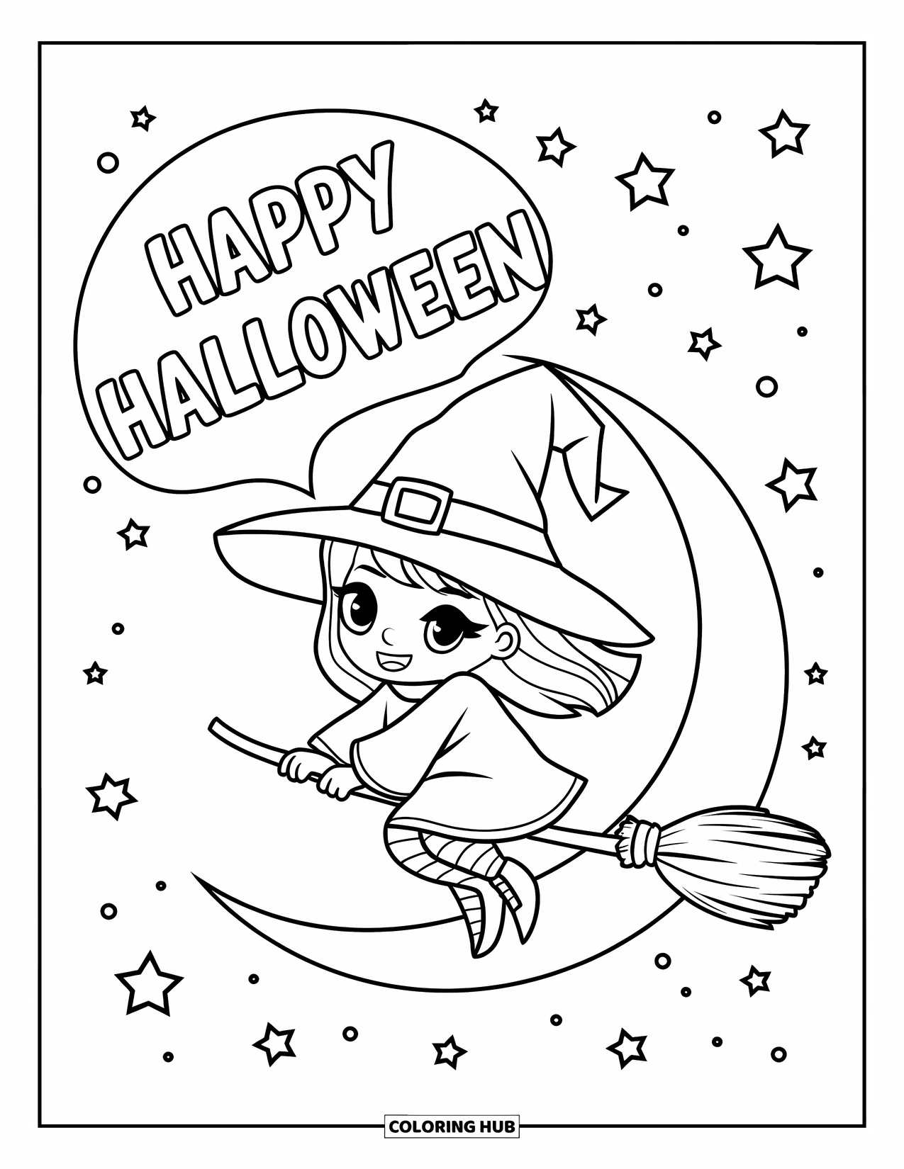 Happy Halloween Coloring Page for Kids: A chibi witch zooms across the moon on her broom with "Happy Halloween" in a bubble