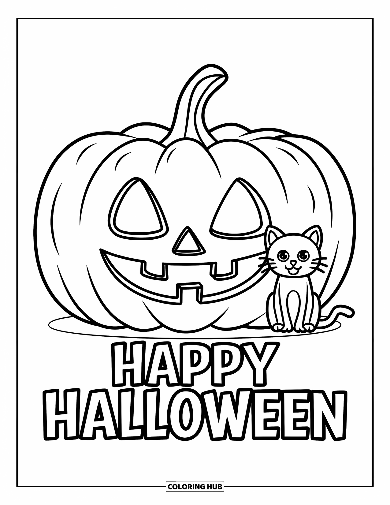 Happy Halloween Coloring Page for Kids: A cute cat sits beside a pumpkin with "Happy Halloween" beneath