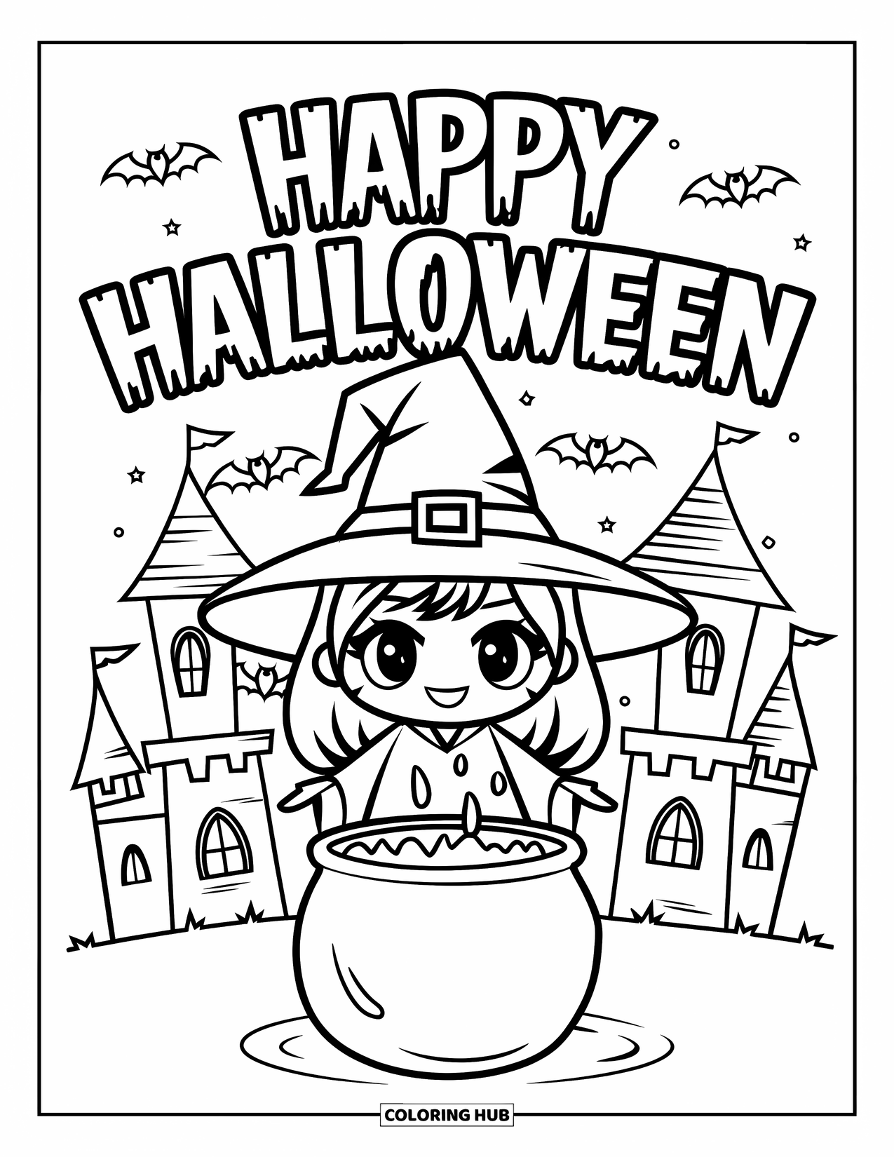 Happy Halloween Coloring Page for Kids: A cute witch with a pointy hat stands by her cauldron at a haunted castle