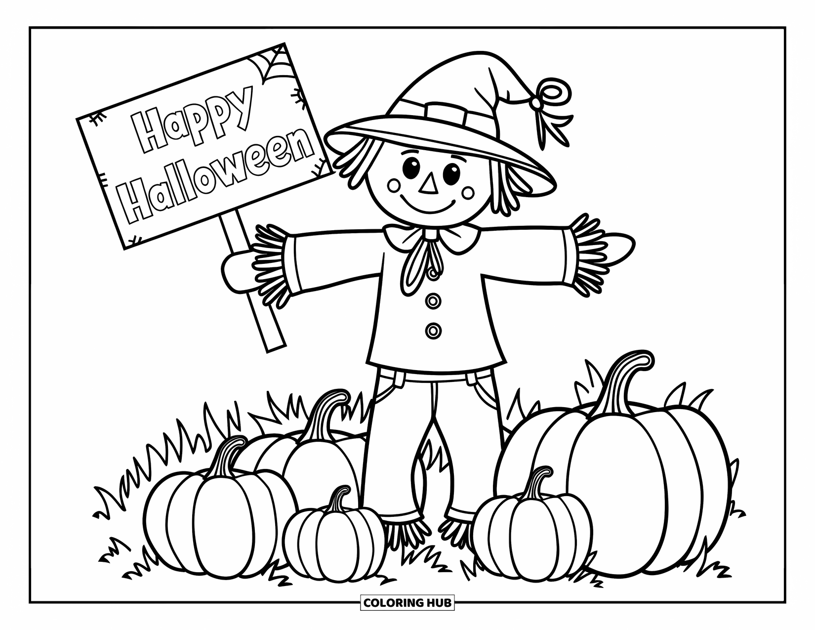 Happy Halloween Coloring Page for Kids: A festive scarecrow with a straw hat greets from a pumpkin-filled field