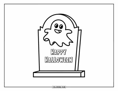 Coloriage « Joyeux Halloween » pour enfants : Un fantôme coiffé d'un chapeau pointu surgit d'une pierre tombale sur laquelle est écrit 