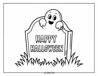 Coloriage « Joyeux Halloween » pour enfants : Un fantôme surgit d'une simple pierre tombale sur laquelle est écrit 