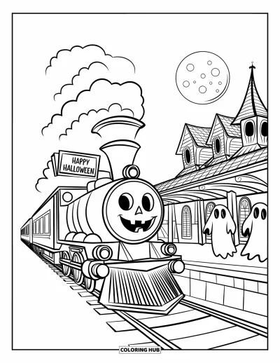 Coloriage « Joyeux Halloween » pour enfants : Un train fantôme arrive dans une gare hantée avec un panneau 