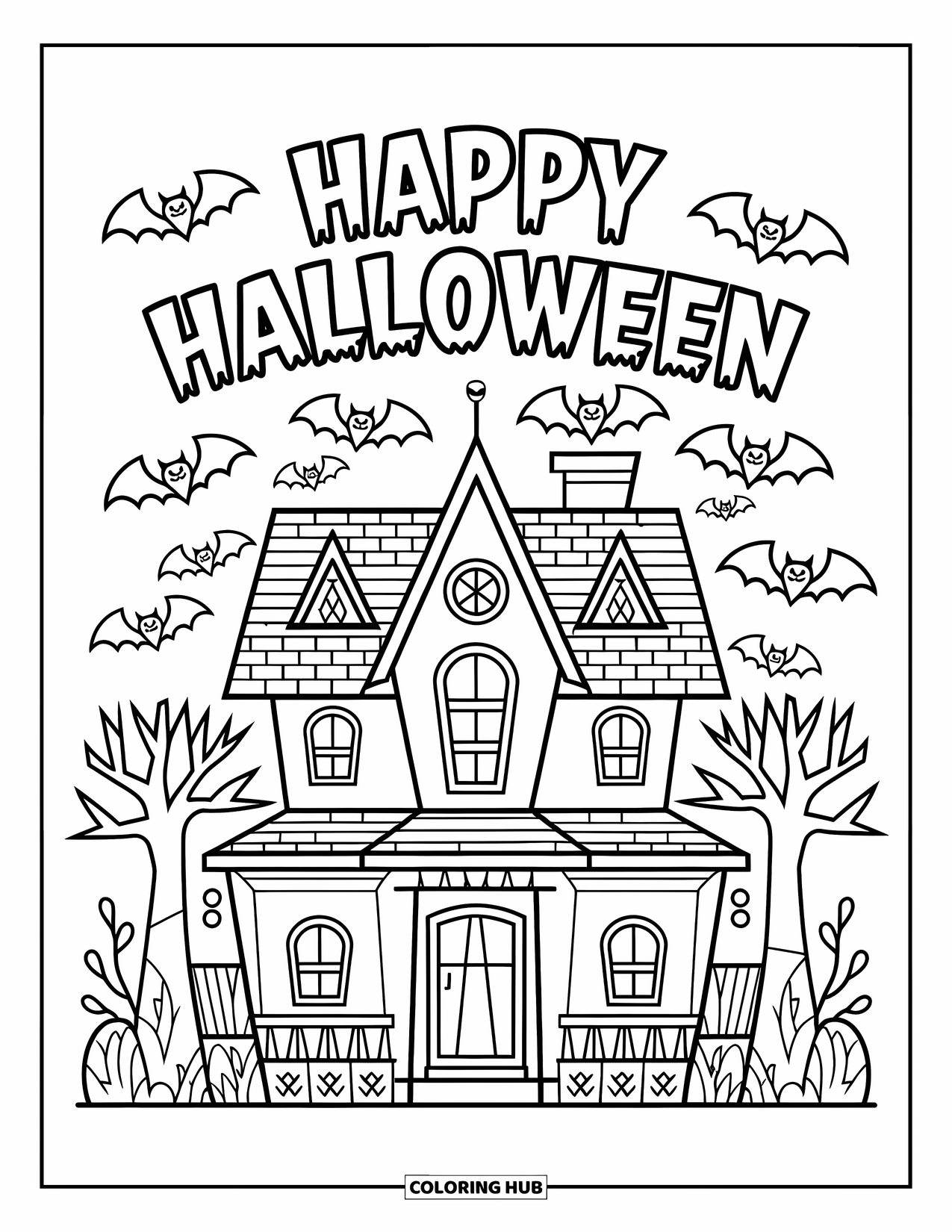 Happy Halloween Coloring Page for Kids: A glowing house with bats and trees welcomes trick-or-treaters with a Halloween sign