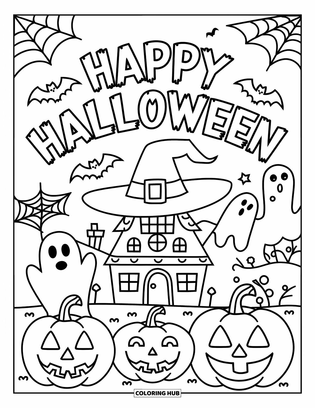 Happy Halloween Coloring Page for Kids: A Halloween scene features pumpkins, a witch hat, and a spooky haunted house