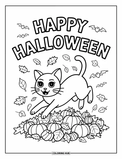 Coloriage « Joyeux Halloween » pour enfants : Un chat joyeux saute à travers des feuilles craquantes sous une banderole festive d'Halloween