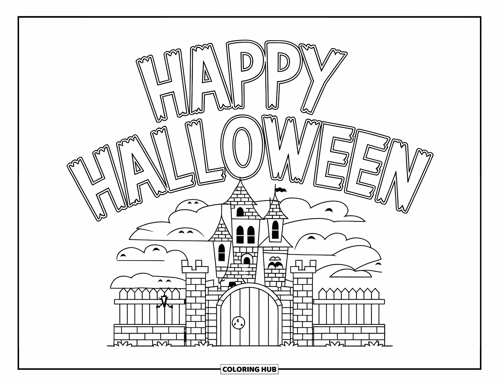 Happy Halloween Coloring Page for Kids: A haunted castle with a gate and dark windows sits beneath a cloudy Halloween sky
