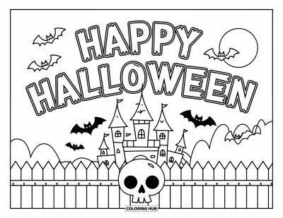 Coloriage « Joyeux Halloween » pour enfants : Un château hanté avec des chauves-souris et une clôture surmontée d'un crâne se dresse sous une pleine lune