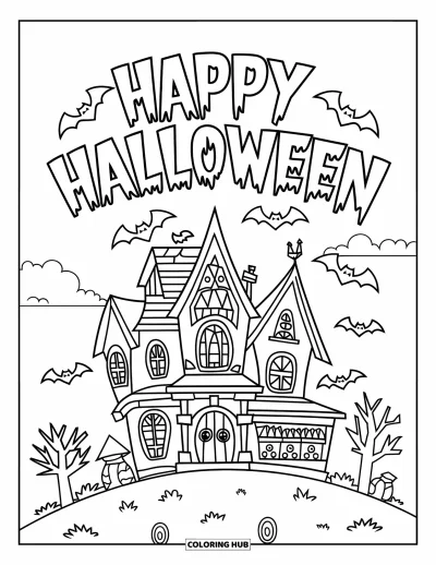 Coloriage « Joyeux Halloween » pour enfants : Une maison hantée au toit pointu avec des chauves-souris se dresse sous une lune d'Halloween