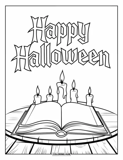 Coloriage « Joyeux Halloween » pour enfants : Un livre de magie et des bougies brillantes reposent sur une table avec 