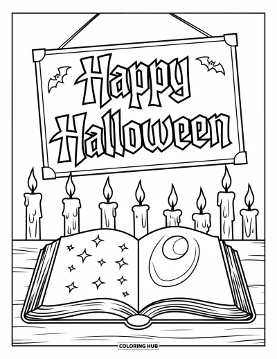 Coloriage « Joyeux Halloween » pour enfants : Un livre de magie repose sur une table à la lueur des bougies sous un panneau d'Halloween effrayant