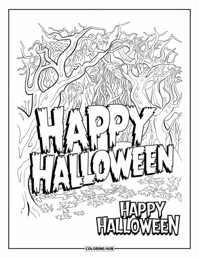 Coloriage « Joyeux Halloween » pour enfants : Une forêt brumeuse avec des arbres noueux et le texte 