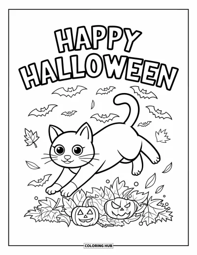 Coloriage « Joyeux Halloween » pour enfants : Un chat espiègle bondit à travers des feuilles d'automne avec 