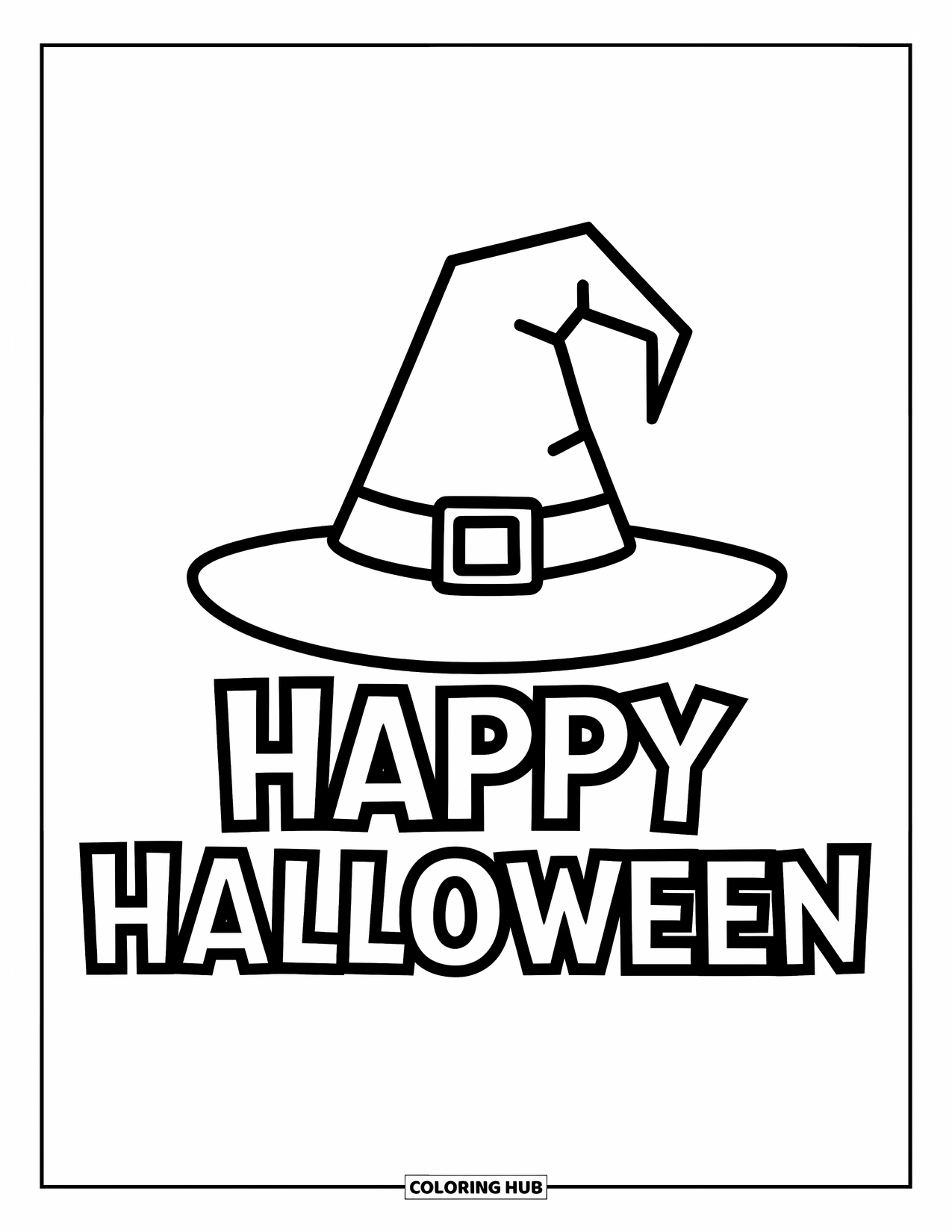 Happy Halloween Coloring Page for Kids: A pointy witch hat tops bold "Happy Halloween" letters in a fun Halloween setup