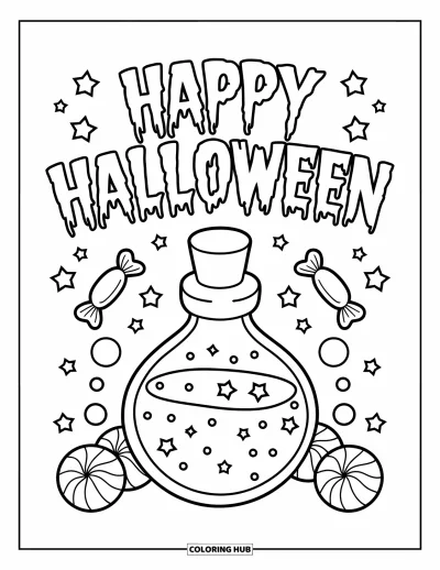 Coloriage « Joyeux Halloween » pour enfants : Une fiole de potion est posée parmi des étoiles et des bonbons sous un panneau 
