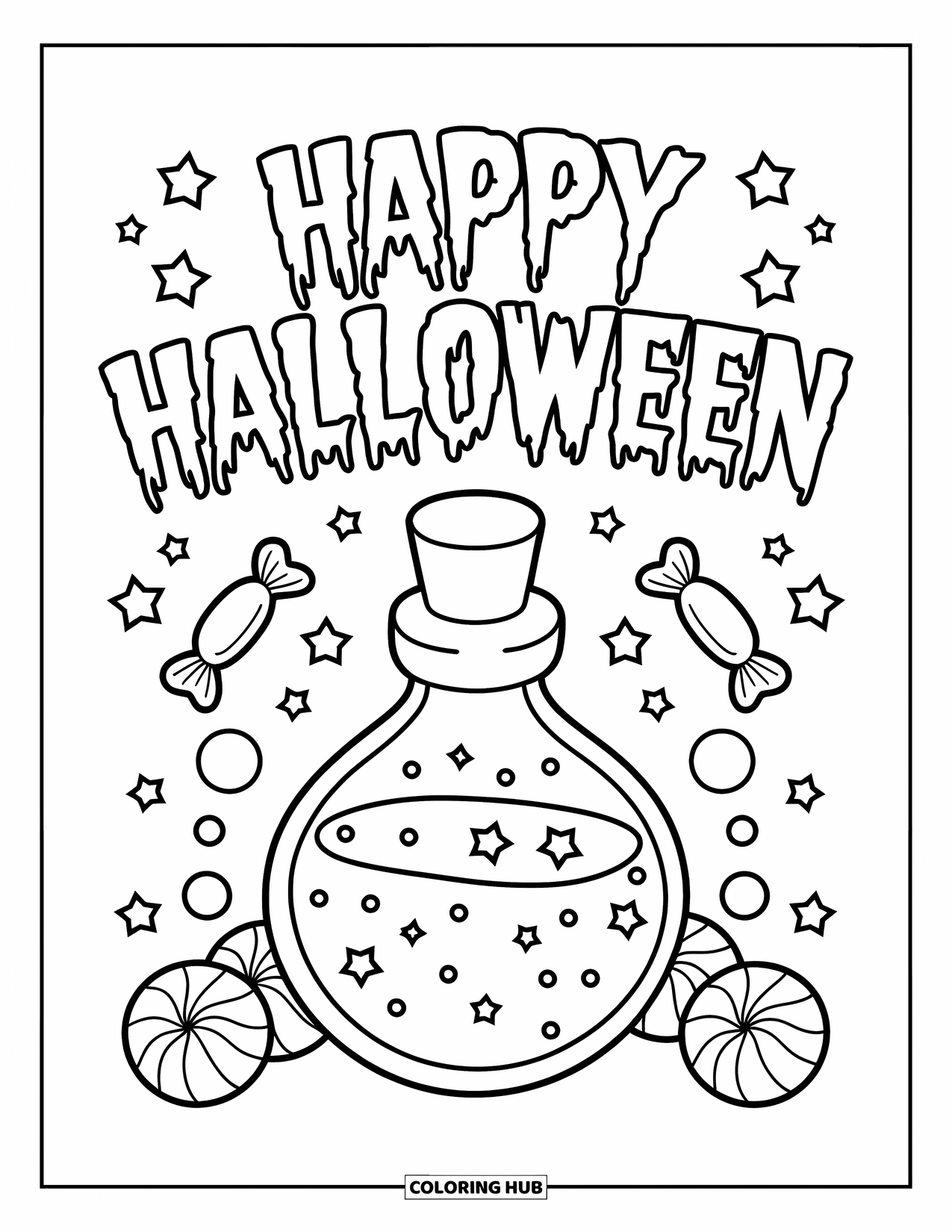 Happy Halloween Coloring Page for Kids: A potion bottle sits among stars and candies under a "Happy Halloween" sign