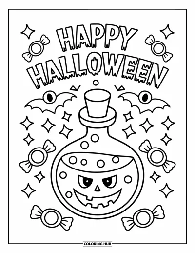 Coloriage « Joyeux Halloween » pour enfants : Une fiole de potion avec des bonbons d'Halloween et des étoiles est posée sous un message joyeux