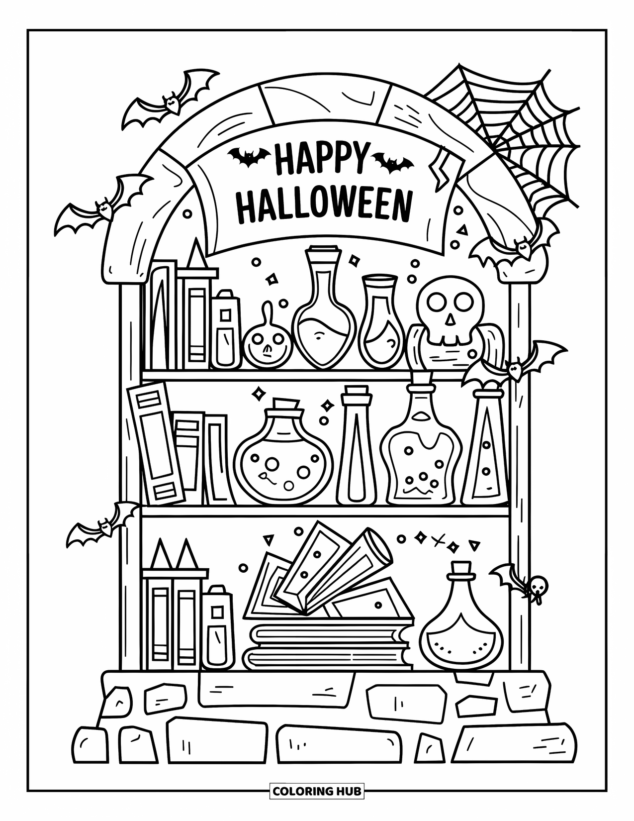 Happy Halloween Coloring Page for Kids: A potion-filled shelf sits on stone with bats, a skull, and a spooky Halloween note