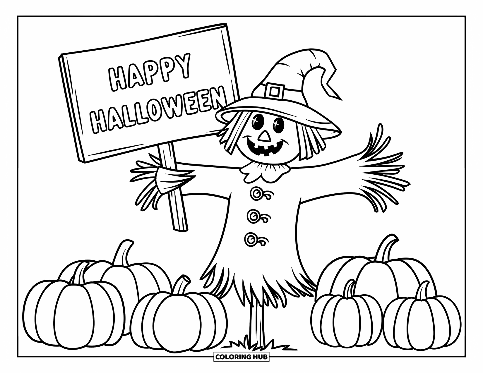 Happy Halloween Coloring Page for Kids: A scarecrow holds a "Happy Halloween" sign in a pumpkin patch