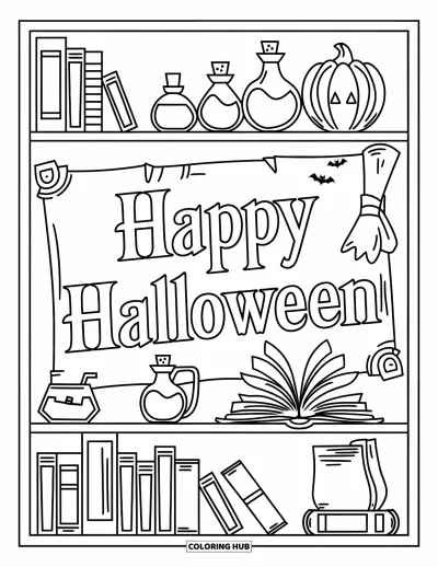 Coloriage « Joyeux Halloween » pour enfants : Une étagère de potions et de livres est posée sous un grand parchemin 
