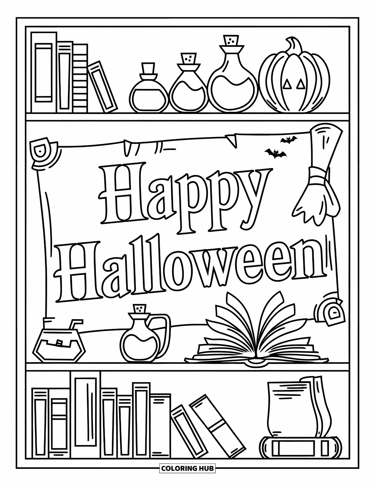 Happy Halloween Coloring Page for Kids: A shelf of potions and books rests under a large "Happy Halloween" parchment