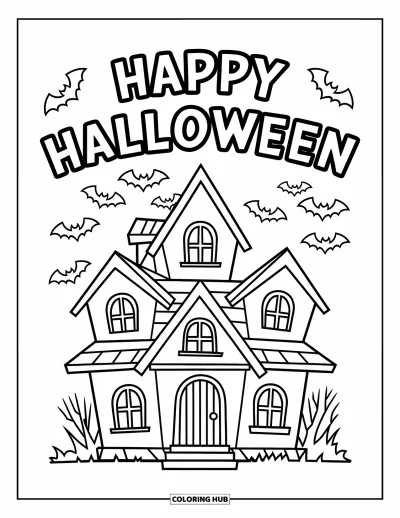 Coloriage « Joyeux Halloween » pour enfants : Une maison hantée toute simple avec des chauves-souris se dresse sous un joyeux message d'Halloween