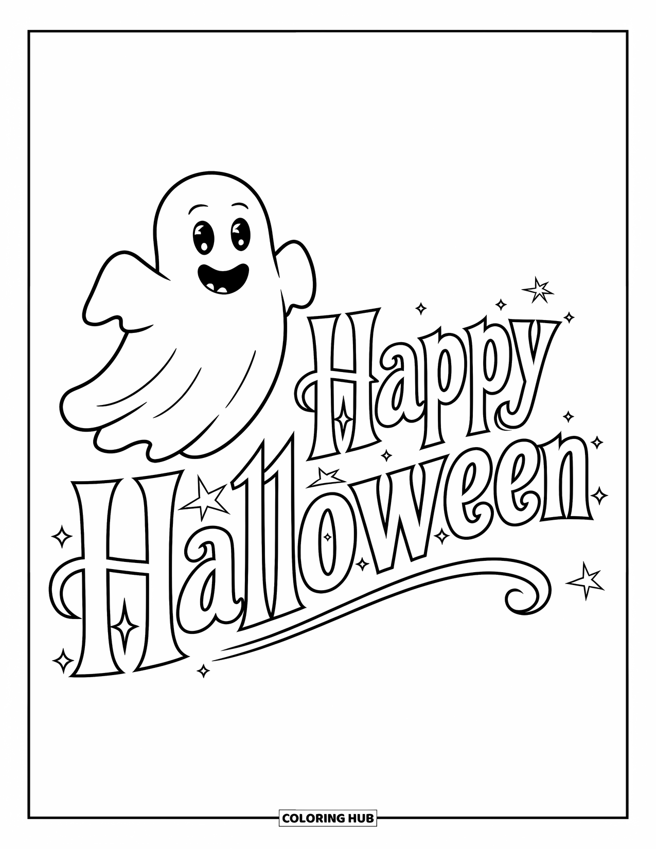Happy Halloween Coloring Page for Kids: A smiling ghost floats beside a "Happy Halloween" message in curly font