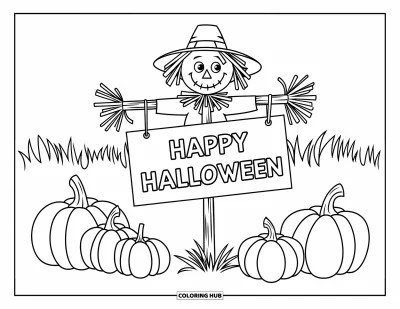 Coloriage « Joyeux Halloween » pour enfants : Un épouvantail souriant dans un champ de citrouilles partage un message d'Halloween