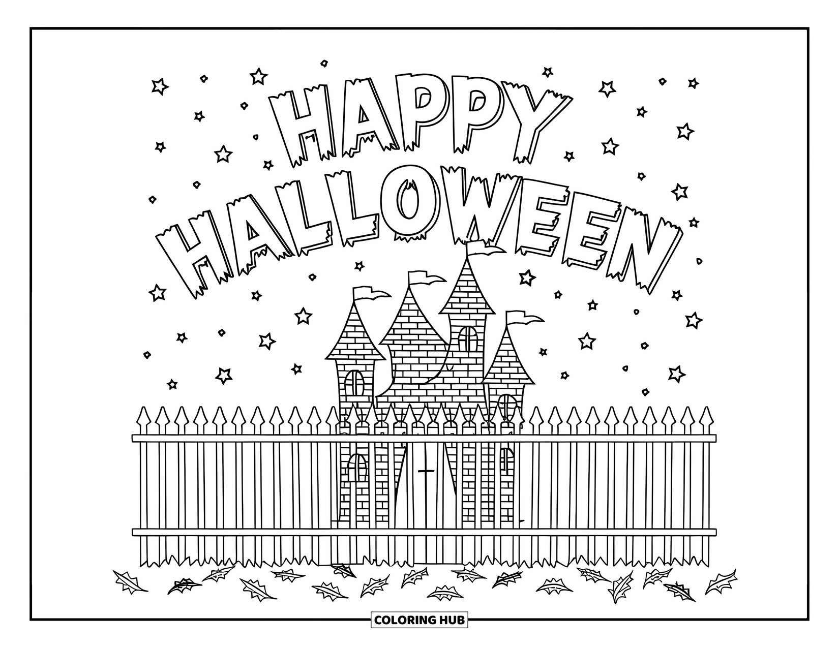 Happy Halloween Coloring Page for Kids: A spooky castle towers behind a fence with "Happy Halloween" glowing above