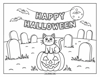 Coloriage « Joyeux Halloween » pour enfants : Une scène de cimetière avec un chat présente des pierres tombales, une pleine lune et une banderole d'Halloween