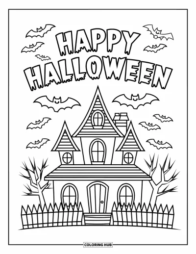 Coloriage « Joyeux Halloween » pour enfants : Une maison effrayante au toit pointu avec des chauves-souris se dresse sous un panneau d'Halloween