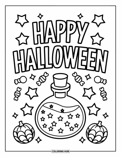 Coloriage « Joyeux Halloween » pour enfants : Une fiole de potion inquiétante est entourée de bonbons et d'étoiles avec un message d'Halloween au-dessus