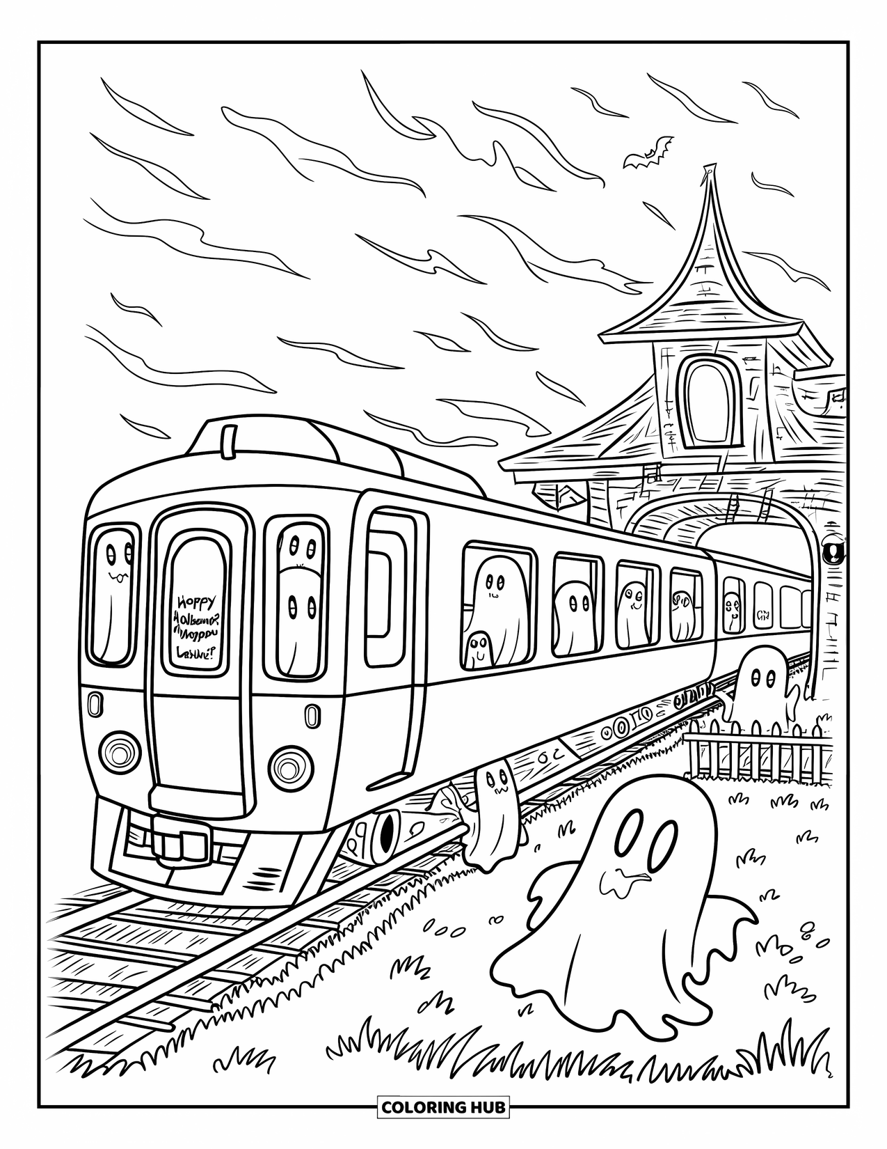Happy Halloween Coloring Page for Kids: A spooky train pulls in with ghostly passengers and a glowing Halloween label