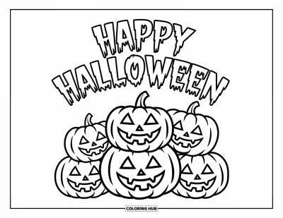 Coloriage « Joyeux Halloween » pour enfants : Une pile de citrouilles sculptées sourit sous un texte flottant 
