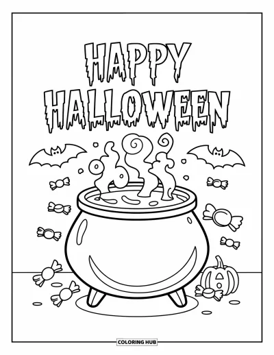 Coloriage « Joyeux Halloween » pour enfants : Un chaudron fumant est entouré de bonbons avec 